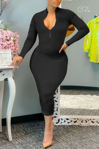 Black Casual Print Patchwork Zipper Collar Pencil Skirt Dresses