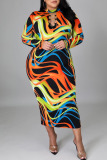 Colour Sexy Print Hollowed Out Split Joint Metal Accessories Decoration O Neck Long Sleeve Plus Size Dresses