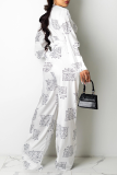 White Casual Print Patchwork V Neck Straight Jumpsuits