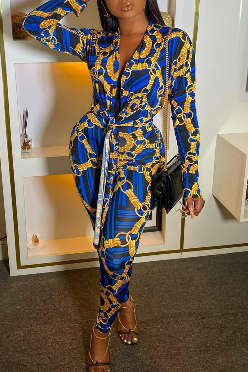 

Blue Casual Print Bandage Split Joint V Neck Skinny Jumpsuits