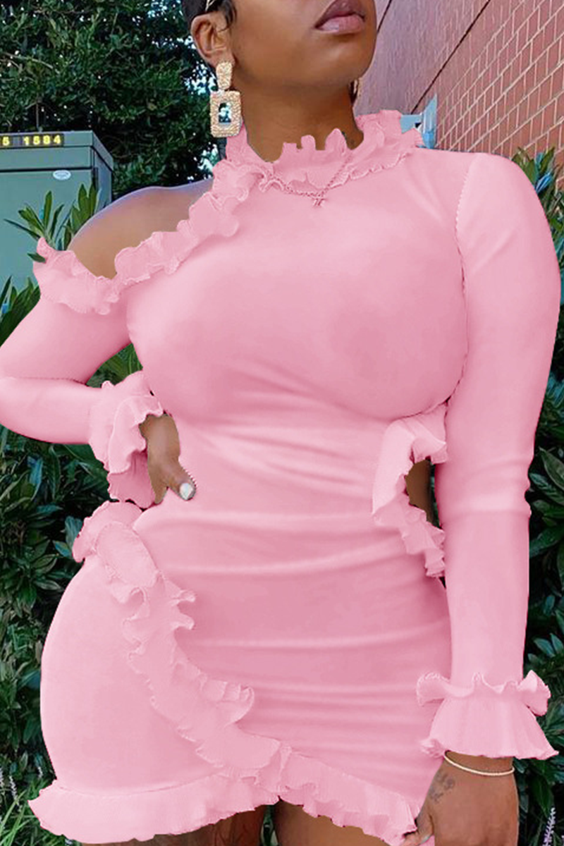

Pink Sexy Solid Flounce O Neck Pencil Skirt Dresses