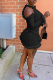 Black Sexy Solid Flounce O Neck Pencil Skirt Dresses