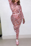 Pink Sexy Print Mesh Half A Turtleneck Long Sleeve Two Pieces