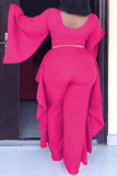 Pink Casual Solid Split Joint O Neck Plus Size Two Pieces