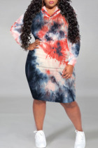 Red Gray Casual Print Tie Dye Split Joint Hooded Collar Straight Plus Size Dresses