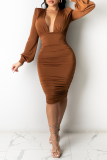 Brown Sexy Leopard Patchwork V Neck Pencil Skirt Dresses