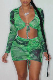 Green Sexy Print Patchwork Frenulum Fold V Neck Long Sleeve Two Pieces