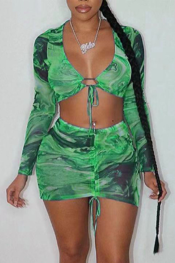 Green Sexy Print Patchwork Frenulum Fold V Neck Long Sleeve Two Pieces