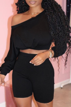 Black Casual Solid Split Joint One Shoulder Long Sleeve Two Pieces