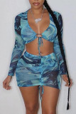 Blue Sexy Print Patchwork Frenulum Fold V Neck Long Sleeve Two Pieces