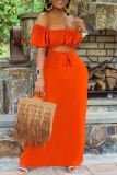Tangerine Red Sexy Solid Patchwork Off the Shoulder Straight Dresses