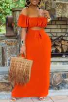 Tangerine Red Sexy Solid Split Joint Off the Shoulder Straight Dresses
