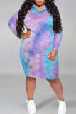 Turquoise Casual Print Tie Dye Patchwork Hooded Collar Straight Plus Size Dresses