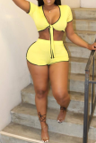 Yellow Sexy Solid Bandage V Neck Short Sleeve Two Pieces