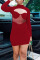 Burgundy Sexy Solid Hollowed Out Split Joint See-through Half A Turtleneck A Line Dresses