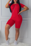 Red knit Sexy Solid Two Piece Suits Patchwork Straight Short Sleeve
