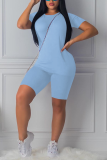 Light Blue knit Sexy Solid Two Piece Suits Patchwork Straight Short Sleeve