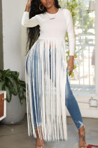White Fashion Sexy Fringed Long Sleeved Top