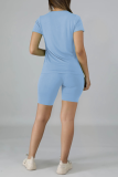 Light Blue knit Sexy Solid Two Piece Suits Patchwork Straight Short Sleeve