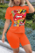 Orange Casual Letter Print Patchwork O Neck Short Sleeve Two Pieces
