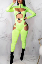 Fluorescent Green Sexy Solid Hollowed Out Split Joint Zipper Collar Skinny Jumpsuits