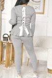 Grey Casual Solid Bandage Patchwork Flounce O Neck Long Sleeve Two Pieces