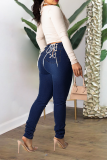 Medium Blue Casual Solid Draw String Plus Size Jeans
