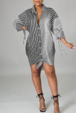 Grey Casual Striped Print Patchwork Buckle Turndown Collar Shirt Dress Dresses