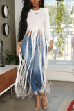White Fashion Sexy Fringed Long Sleeved Top