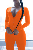 Orange Sexy Print Patchwork Buttons V Neck Skinny Jumpsuits