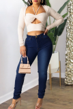 Black Casual Solid Draw String Plus Size Jeans