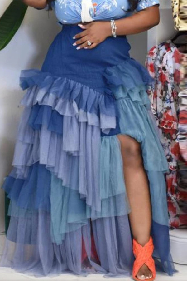 Blue Fashion Casual Patchwork Slit Asymmetrical Plus Size Pleated Skirt