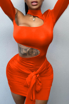 Tangerine Red Sexy Solid Split Joint Half A Turtleneck Pencil Skirt Dresses