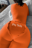 Orange Sexy Print Patchwork Buttons V Neck Skinny Jumpsuits