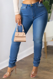 Deep Blue Casual Solid Draw String Plus Size Jeans