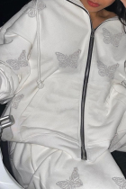 White Casual Butterfly Print Split Joint Hooded Collar Outerwear