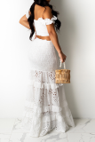 White Pleated Dropped Shoulder Ruffled Sleeve Crop Top and Hollowed Out Ruffled Tiered Mermaid Hem Maxi Skirt Party Vacation Two Piece Dress