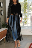 Black Fashion Sexy Fringed Long Sleeved Top