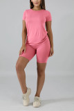 Pink knit Sexy Solid Two Piece Suits Patchwork Straight Short Sleeve
