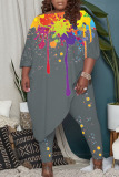 Grey Casual Print Patchwork Asymmetrical Off the Shoulder Plus Size Two Pieces
