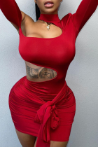 Red Sexy Solid Split Joint Half A Turtleneck Pencil Skirt Dresses