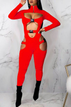 Red Sexy Solid Hollowed Out Split Joint Zipper Collar Skinny Jumpsuits