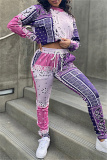 Purple Fashion Casual Print Basic O Neck Long Sleeve Two Pieces
