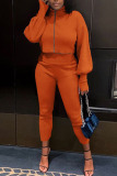 Orange Casual Solid Patchwork Zipper Turtleneck Long Sleeve Two Pieces