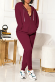 Burgundy Casual Solid Split Joint Hooded Collar Long Sleeve Two Pieces