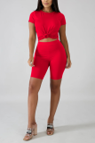 Red knit Sexy Solid Two Piece Suits Patchwork Straight Short Sleeve