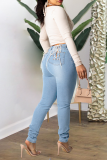 Deep Blue Casual Solid Draw String Plus Size Jeans
