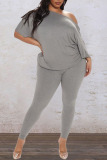 Grey Casual Solid Patchwork Backless Knotted Asymmetrical O Neck Plus Size Two Pieces