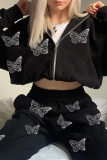 Black Casual Butterfly Print Patchwork Hooded Collar Outerwear