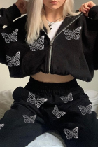 Black Casual Butterfly Print Split Joint Hooded Collar Outerwear